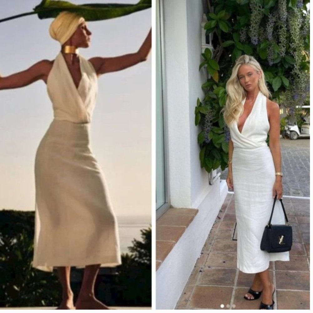 ZARA Linen Blend Oyster White Halter Midi Maxi Dress